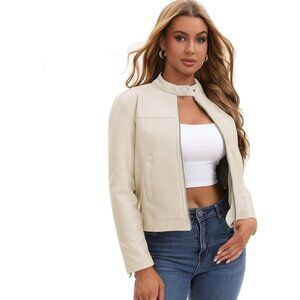 Women's Faux Leather Motorcycle Jacket Zip-Up Biker Coat Casual Trendy
